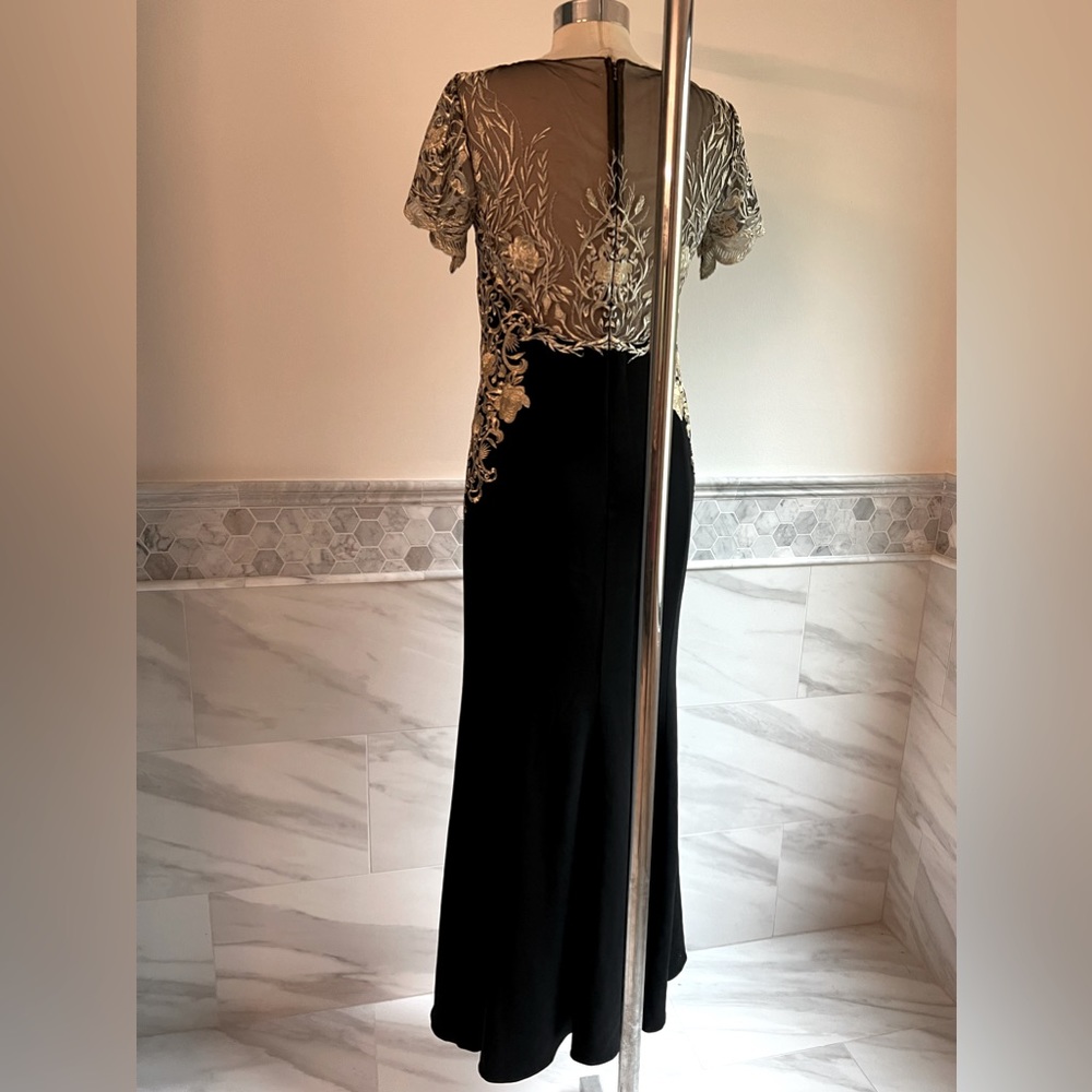 Marchesa Notte Mermaid Black Stretch Crepe and Gold Lace Embroidered Ball Gown 8 - Picture 7 of 16